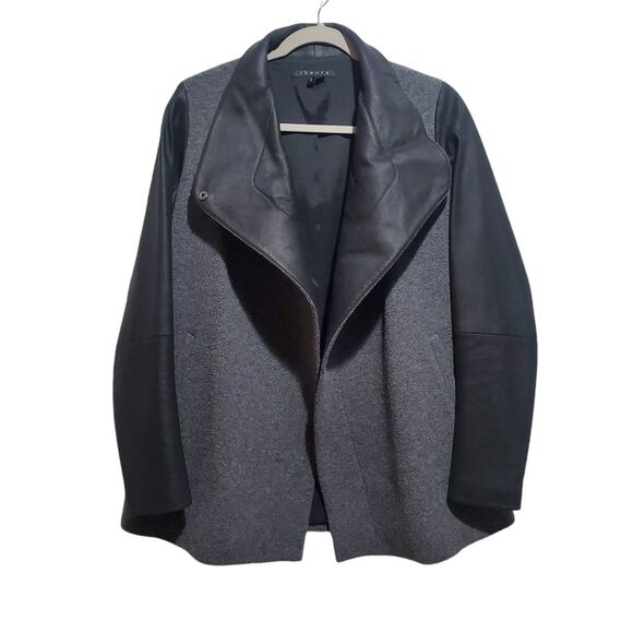 Theory Naomo Leather-Sleeve Felt Coat Size Small Gray Black Mixed Media S - Picture 2 of 16